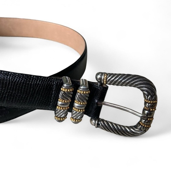 Vintage Brighton Black Belt w/ Chunky Silver + Gold Buckle | Size M